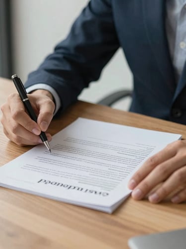 Close-up of hands reviewing business contract on a wooden table, soft natural daylight, minimalist office setting in Da Nang, 35mm lens