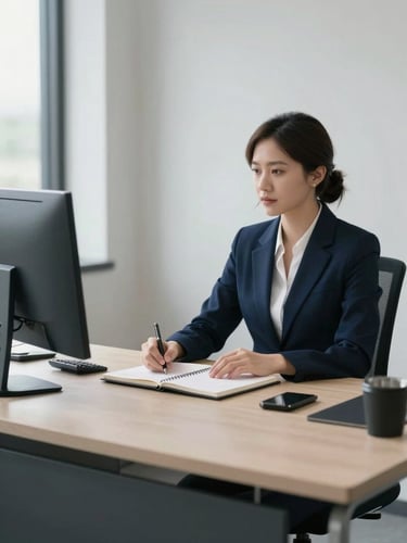 A bright, professional executive workspace in Da Nang, soft natural daylight, minimalist desk with a clean notebook, deep navy accents, sober editorial photography.