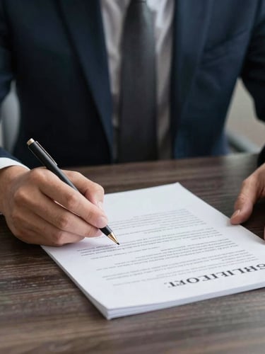 Sober editorial photography, close-up of hands reviewing contracts on a dark wooden table, soft natural daylight, deep navy and muted grey tones, clean composition, 35mm lens.