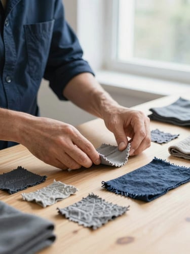 Gros plan sur des mains d'expert examinant des échantillons de textile brut sur une table de travail en bois clair, lumière naturelle de fenêtre.