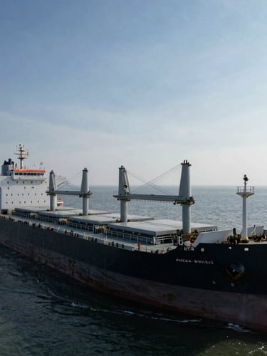 Wide-angle view of a dry-bulk carrier ship loaded with cargo, industrial vessel rigging visible, low-sun angle daylight