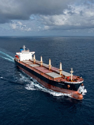 Wide-angle aerial view of a massive dry-bulk carrier slicing through deep steel-blue ocean waters under overcast maritime skies, dramatic lighting.