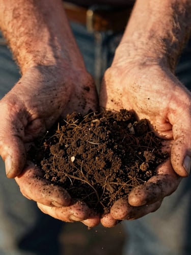 Weathered hands holding rich dark Idaho soil, crisp morning light, highly detailed texture, 35mm film