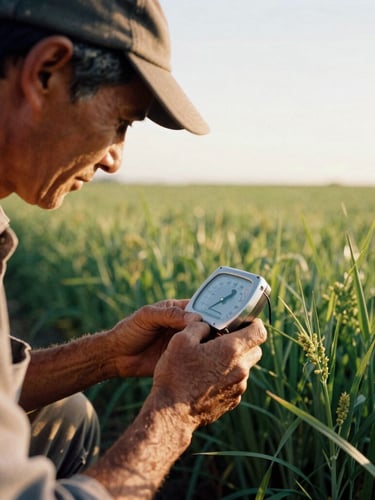 Close-up of a Seely family member in a dusty cap inspecting a green alfalfa field, holding a moisture meter, low-angle golden hour light, 35mm film