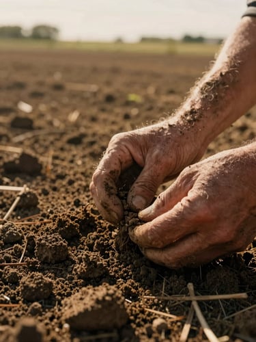 A close-up of weathered hands examining soil texture in a sunlit field, warm agrarian tones, low-angle light