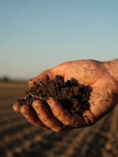 Low-angle golden hour shot of a weathered hand holding rich dark Idaho soil, high-contrast tactile details, 35mm film style