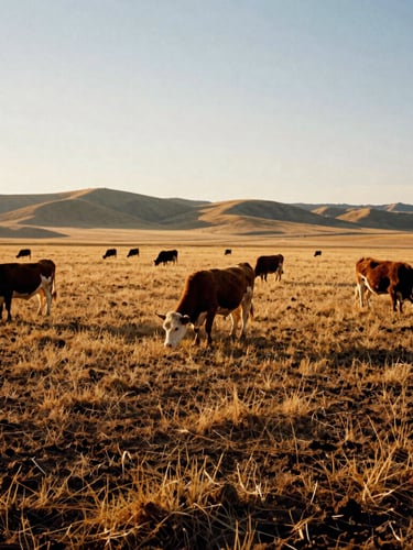 Wide environmental landscape of cattle grazing on expansive golden-hour Idaho pastures, low-angle light casting long shadows across rich soil, 35mm film style.