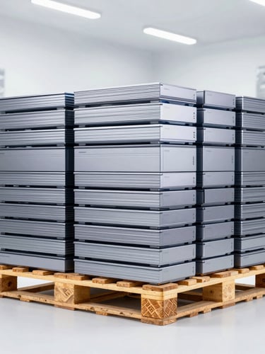 Straight-on product photography of neatly stacked pallets of branded enterprise laptops inside a bright, cool-toned clean logistics hub, high-key studio lighting.