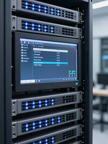 Close-up of a server rack console screen displaying operating system deployment status, bright blue indicator lights, clean server room environment.