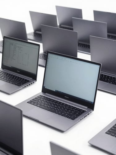 Crisp product photography of organized rows of identical enterprise laptops in a bright, high-key logistics hub, cool slate gray tones, sharp focus