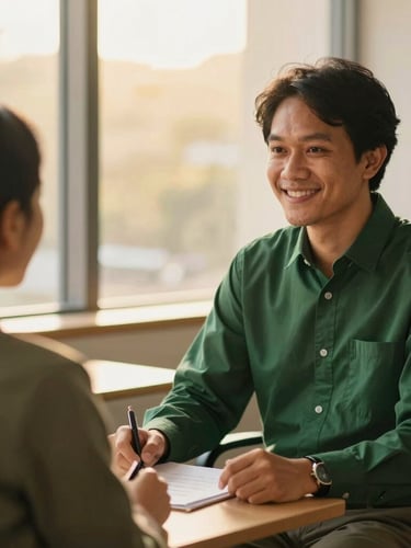 Warm editorial photography, soft golden-hour window light, rich deep green and gold tones, shallow depth of field, 35mm. A friendly Indonesian insurance consultant actively listening to a client, both seated comfortably at a modern, bright office, genuine connection, warm interaction, soft focus background.