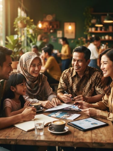 Warm editorial photography, soft golden-hour window light, rich deep green and gold tones, shallow depth of field, 35mm. A diverse Indonesian family and a business owner having a relaxed, collaborative discussion with a friendly insurance consultant over coffee, all smiling, warm interaction, soft focus background.