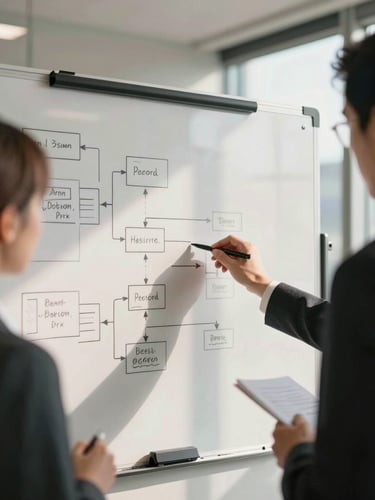 A collaborative whiteboard session in a modern high-end office, focused professionals analyzing workflow diagrams, warm natural daylight, soft shadows, 35mm