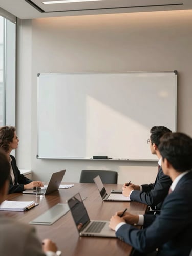 A collaborative whiteboard session in a high-end Dubai boardroom, warm natural window daylight, sophisticated muted tones, 35mm