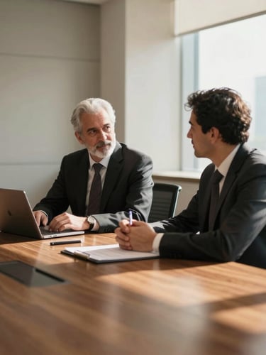 Warm editorial corporate photography of a modern Dubai boardroom. A professional sits at a wooden table in deep discussion, soft natural window daylight casting realistic shadows, shallow depth of field, 35mm.