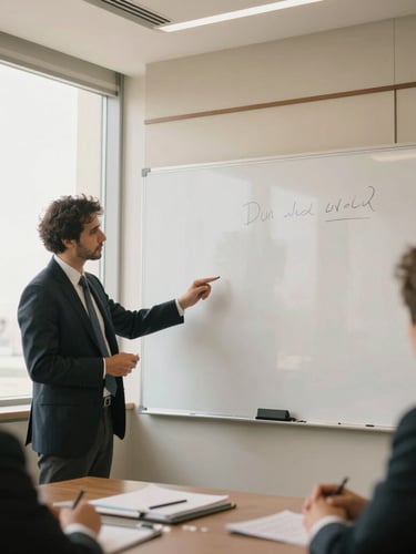 A clean boardroom environment in Dubai, warm natural window light, structured architectural lines, professional in deep discussion over a physical whiteboard, shallow depth of field, 35mm