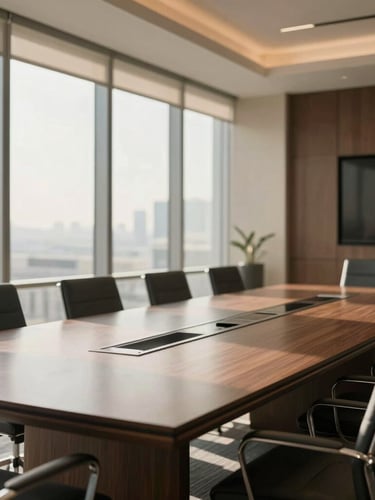 Wide environmental shot of a modern high-end corporate boardroom in Dubai, warm natural window daylight, soft realistic shadows, sophisticated muted tones.
