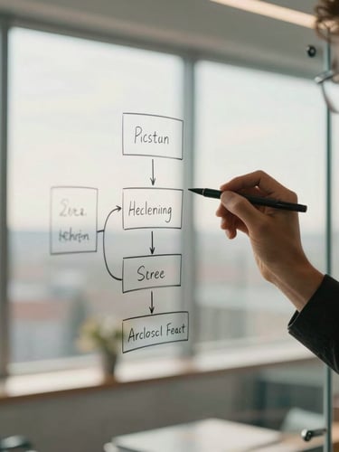 A close-up of a software architect sketching a system diagram on a glass whiteboard, warm natural window light, soft focus, professional environment