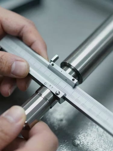Close-up of hands holding a micrometer, measuring a precisely machined steel shaft, sharp industrial photography, cool metallic tones, high-contrast workshop lighting, macro detail, 50mm lens.