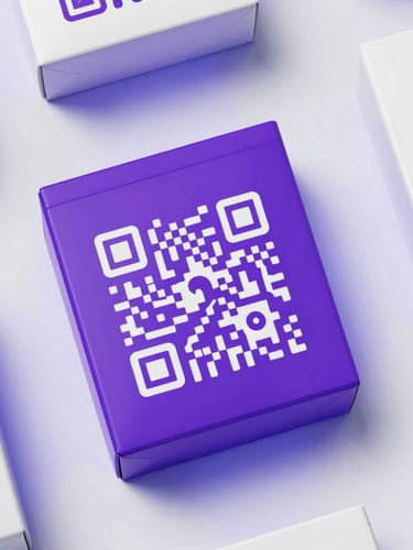 Overhead flat-lay of modern retail packaging featuring a custom purple QR code, sharp focus, crisp studio light with subtle blue ambient backlighting, premium brand aesthetic