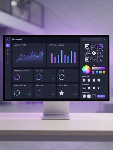Crisp product photography of a modern SaaS dashboard on a sleek monitor, displaying QR code generation metrics and vector customization options, clean studio light with purple ambient glow, 50mm, sharp focus