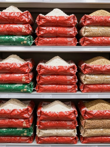 Straight-on eye-level shot of neatly aligned grocery shelves stacked with large uniform sacks of flour and grains, bright commercial lighting, rich crimson tones.