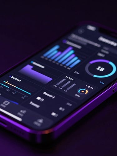 Extreme close-up of a modern smartphone displaying complex analytics charts, moody low-key studio lighting with electric violet rim light, dark tech photography