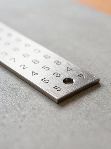 Close-up of a physical steel plate engraved with numbers, resting on a clean concrete surface, soft natural side lighting, highlighting durability and security