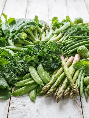 Bright food photography of crisp dew-kissed green vegetables on a white wooden background, natural morning daylight, 50mm lens