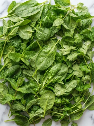 Overhead flat-lay of vibrant green spinach, mint leaves, and fresh coriander with morning dew drops on a clean white marble surface, bright natural morning sunlight