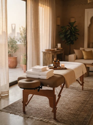 Warm editorial photography of a portable massage table set up in a softly lit, elegant Riyadh home interior, pristine folded towels, high-end oils, diffused golden hour window light filtering through sheer curtains, shallow depth of field, 35mm