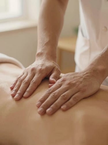 Close-up of professional therapist's hands applying precise therapeutic pressure on a client's back, soft ambient lighting, warm sand tones, shallow depth of field.