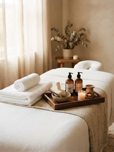 Elegant home interior prepared for a premium massage session, folded pristine white towels, high-end oils on a sleek wooden tray, warm diffused window light filtering through sheer curtains, shallow depth of field, 35mm