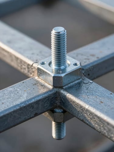 Macro close-up of structural steel joints and heavy bolts, cool industrial morning light, sharp focus on metallic textures and clean engineering tolerances.