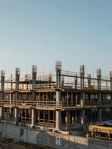 A wide, structured architectural perspective of an active construction site under cool morning light, steel framing visible against a clean sky, no people.