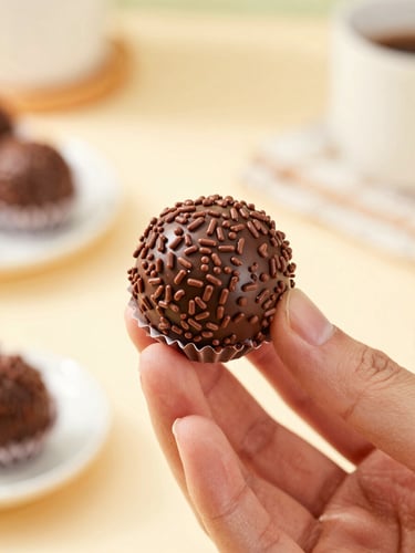 Macro close-up of a hand holding a beautifully rolled chocolate brigadeiro with glossy sprinkles, bright natural kitchen light, warm pastel background