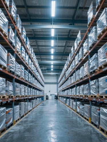 Ultra-wide environmental shot of a high-density automated warehouse, cool blue and white LED lighting, sharp metallic structures, no people.