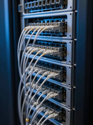 Macro close-up of high-density server racks, cool-toned blue and white LED accents, low-key high-contrast lighting, sharp focus on fiber optic connectors.
