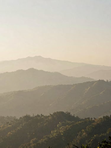 Wide panoramic view of misty mountain ranges in Southeast Asia, soft morning light, deep perspective, 35mm film