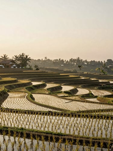 Serene terraced rice fields in Bali at golden hour, deep perspective, soft warm light, quiet atmosphere, 35mm film.