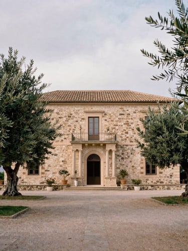 A historic Sicilian stone villa surrounded by winter olive trees under soft, diffused overcast daylight, cinematic 35mm photography.