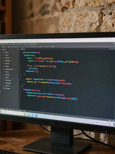 Close-up of clean code on a warm-lit monitor inside a rustic stone library, soft shadows, intellectual focus, cinematic 35mm.