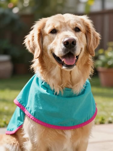 A joyful golden retriever wearing a bright handcrafted teal poncho, smiling, warm natural sunlight, outdoor garden setting