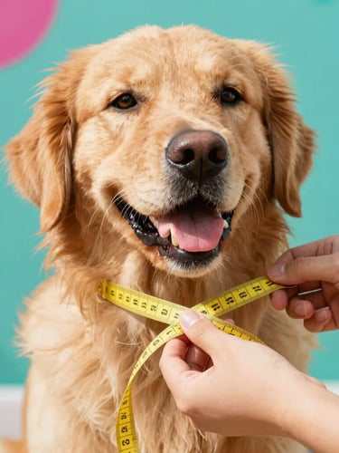 Close-up of hands measuring a happy golden retriever with a soft yellow tape measure, warm natural daylight, teal background details