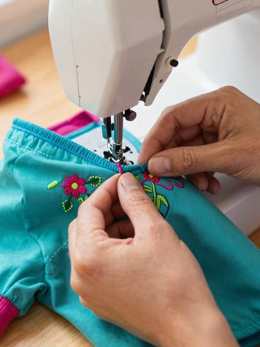 Close-up of hands carefully stitching a vibrant teal pet shirt with colorful embroidery, sewing machine visible in a warm, sunlit workshop in Guanajuato.