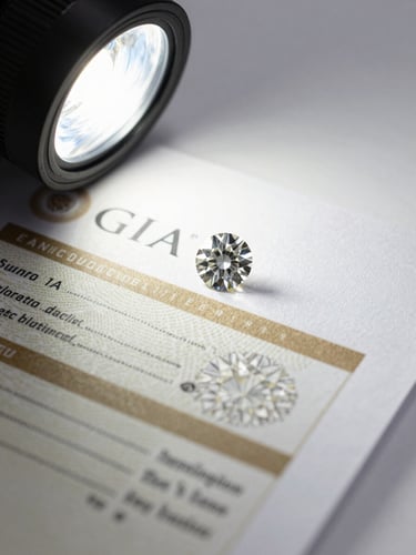 Extreme close-up macro of a GIA gemological grading report on a light table, raking studio light revealing the printed text and security watermark, a loose round diamond resting at the edge of the document, white background, overhead flat-lay framing