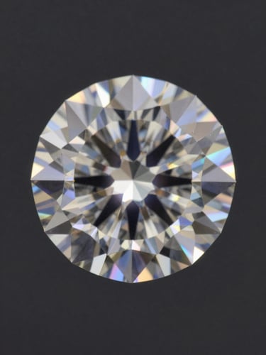 Extreme macro of a round brilliant-cut diamond under controlled studio strobes, table facet centered, light refracting into prismatic spectral rays across deep charcoal negative space, sharp focus on the culet and crown angles