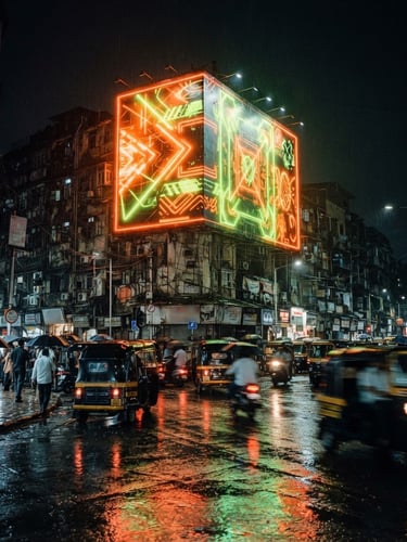 Cinematic wide-angle night photograph of a massive neon-lit billboard in Mumbai, glowing with electric orange and lime green light, reflecting on wet asphalt, 35mm film grain.