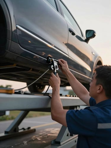 Low angle shot of a professional uniformed towing operator securing a modern sedan onto a hydraulic platform, focus on the steel cable and technical anchoring process, natural evening light.