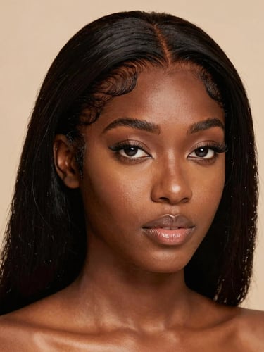 Editorial portrait of a Black model wearing a flawless HD lace wig, warm studio lighting, beige background